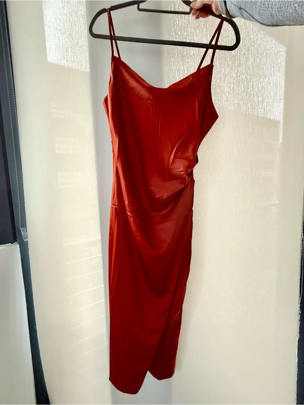 Lulu’s Satin Slip Dress w/ Cowl Neck - Rust / Burnt Orange